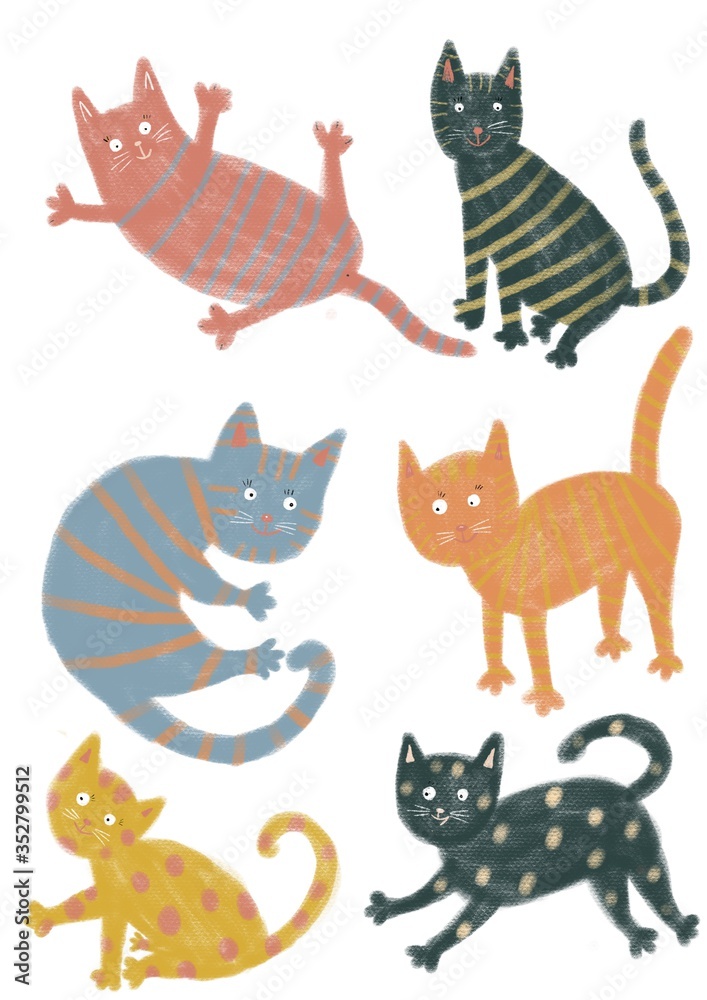 
Set of funny cats. Digital illustration isolated on a white background. Cute illustration for the decor and design of posters, postcards, prints, stickers, invitations, textiles and stationery.