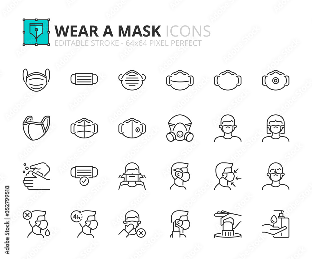 Simple set of outline icons about wear a mask. COVID-19 prevention