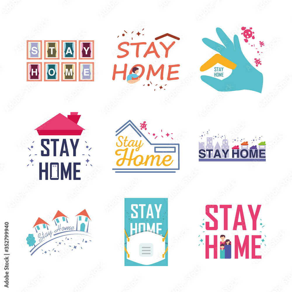 set of icons campaign stay at home, coronavirus prevention