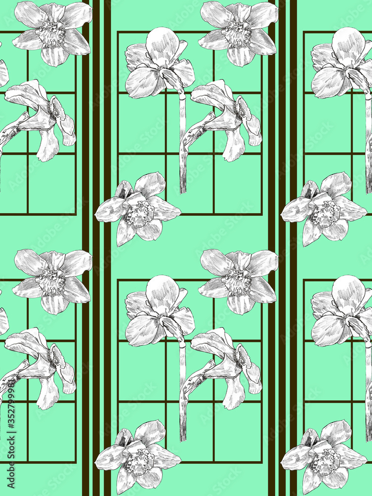 Obraz premium Creative composition with the image of garden flowers. Randomly located daffodils and geometric shapes. Abstraction, the theme of summer. Pattern for fabric and wallpaper.