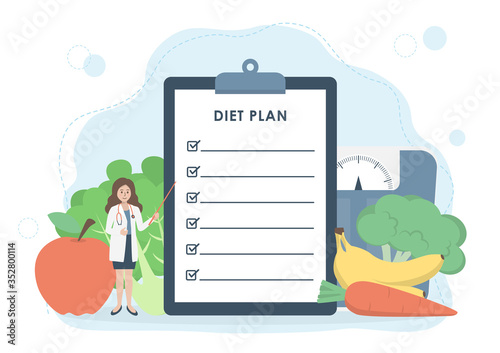 Nutritionist doctor pointing at clipboard with diet plan, Fruits,  vegetables and weight scale in background. Healthy diet, weight loss and nutrition consultation concept. Flat vector illustration.
