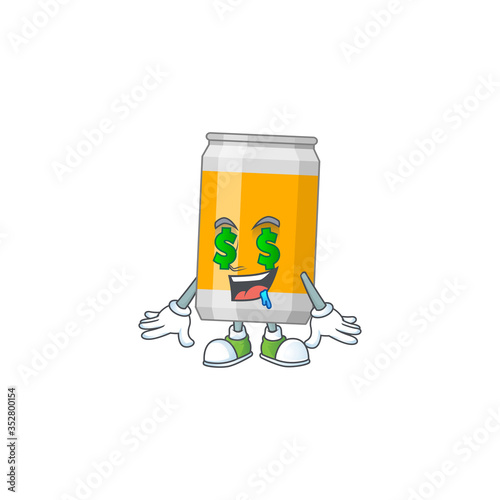 Cute rich beer can mascot character style with money eyes
