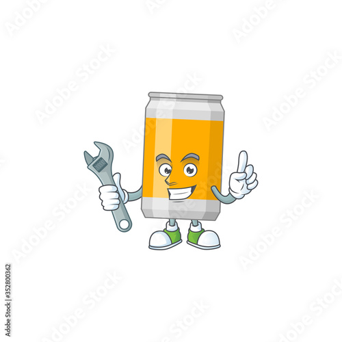 A smart mechanic beer can cartoon mascot design fix a broken machine