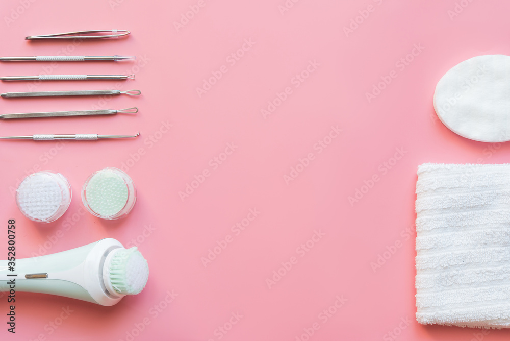 Tools of the cosmetologist for problem skin on pink paper background. Tools of the cosmetologist for problem skin on pink paper background.