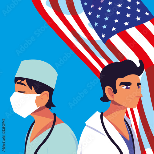 Men doctors with uniforms and masks with usa flag vector design