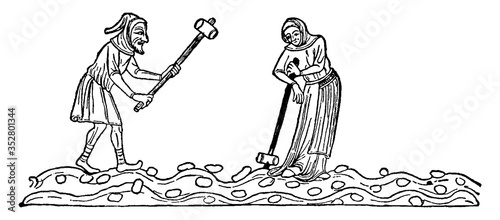 Peasants Using Mallets to Break Clods of Earth Before Farming the Land, vintage illustration photo