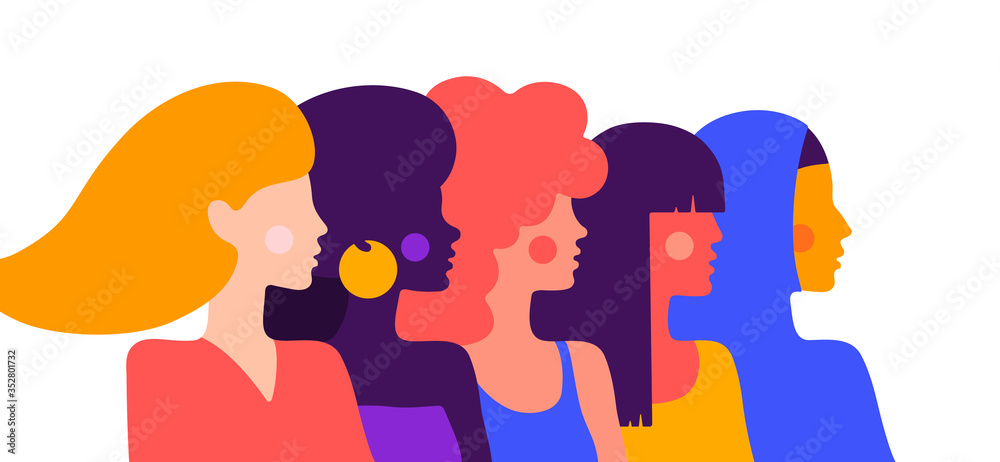 Naklejka premium Modern flat character. Simple character of woman lady of different nationalities, races, arab, asian, european, african. Woman character, concept in flat color graphic. Vector Illustration