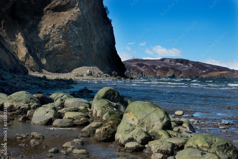 Wild beach made of volcanic sand on the Pacific Ocean, Kamchatka Peninsula, Russia.