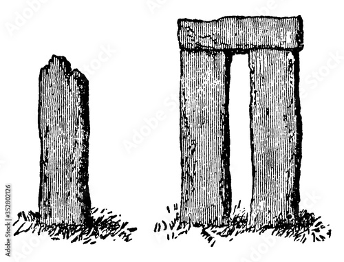 Maenhir and Trillithon or Monoliths or Single Upright Stone, vintage illustration.