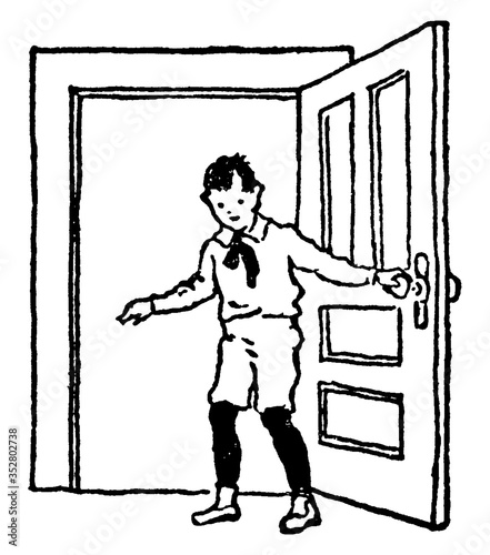 Boy Open Up A Door, vintage illustration.