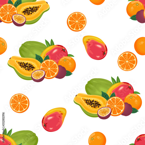 Seamless pattern with pile of tropical fruits isolated on white. Vector illustration of papaya, orange, passion fruit, mango and green leaves in cartoon flat style. Organic food background.