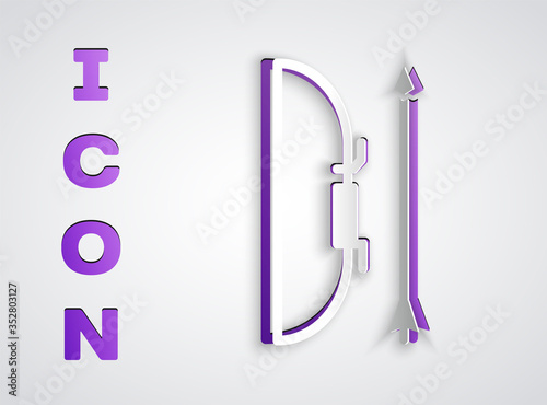 Paper cut Bow and arrow in quiver icon isolated on grey background. Paper art style. Vector Illustration