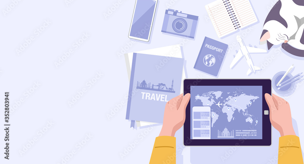 Flat design, Illustration of a man using travel apps on tablet at home. Vector