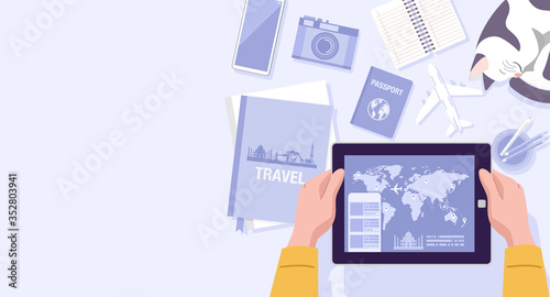Flat design, Illustration of a man using travel apps on tablet at home. Vector