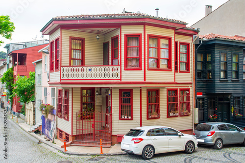 Historical, Old, Colorful Houses in Kuzguncuk, classic Ottoman wooden architecture in Kuzguncuk ,Istanbul, Turkey. photo