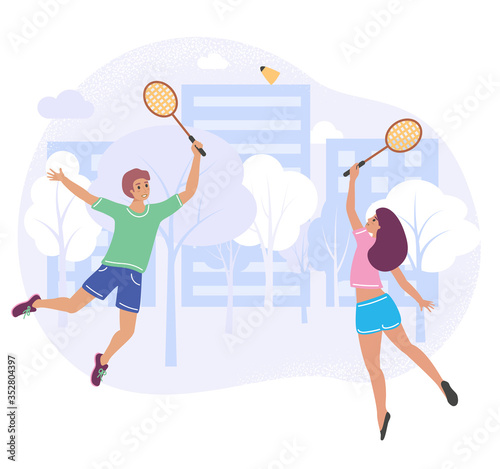 Couple playing badminton in a city park - vector stock illustration in flat cartoon stile. Friends enjoy open air game and active rest 