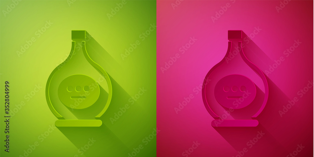 Paper cut Bottle of cognac or brandy icon isolated on green and pink background. Paper art style. Vector Illustration Paper cut Bottle of cognac or brandy icon isolated on green and pink background. Paper art style. Vector Illustration