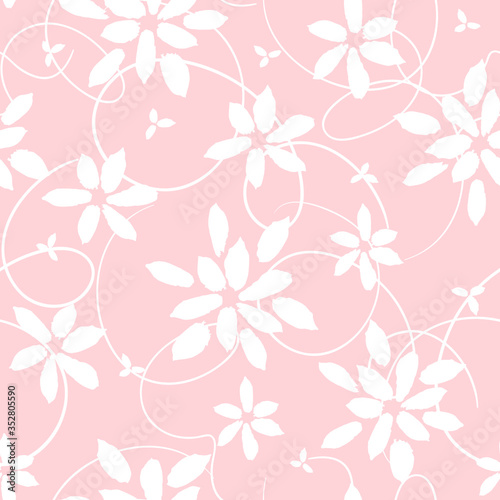 Tender floral watercolor seamless pattern with hand drawn white flowers and twirls on pink background. Botanical vector texture design for textile print, wallpaper, gift wrap, wedding invitation, card