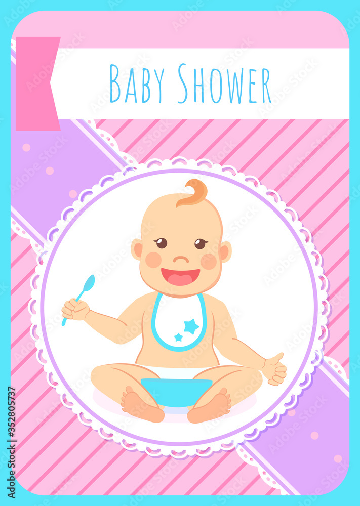 Baby shower greeting card, infant boy eats itself. Vector toddler in bib and diaper with spoon and bowl of porridge, 6 to 12 month milestones of newborn kid Baby shower greeting card, infant boy eats itself. Vector toddler in bib and diaper with spoon and bowl of porridge, 6 to 12 month milestones of newborn kid