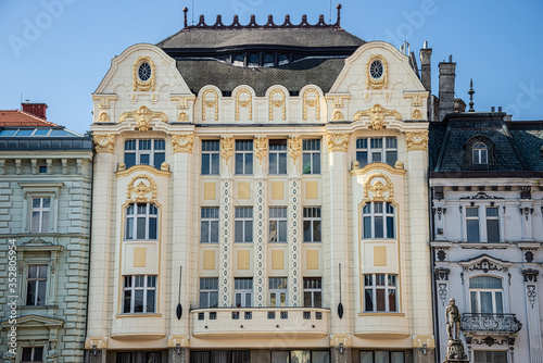 Photography Palace of the Hungarian discounting and foreign exchange bank facade in Bratislava Old Town on Main Square, Slovakia