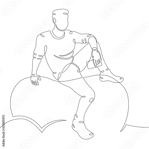thinker sitting on a stone. Young man meditates with a phone
