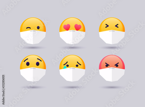 Set of emoji with mouth mask. Emoji flat design, avatar. Vector illustration isolated on white background.
