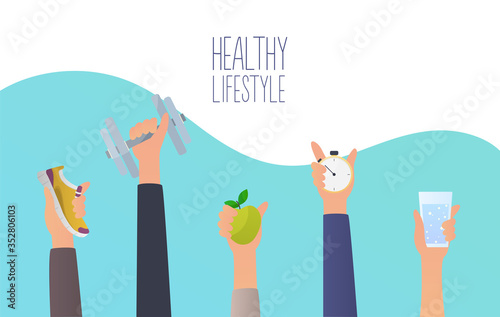 Concept of healthy lifestyle infographics. Young man lead a healthy lifestyle. Icons for web: fitness, healthy food and metrics. Flat design vector illustration.