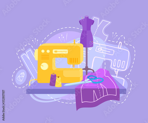 Sewing accessories, tools. Tailor's table, a pattern on the fabric, tailor scissors, thread spools, sewing machine, pin mannequin. Tailoring equipment. A vector cartoon illustration.