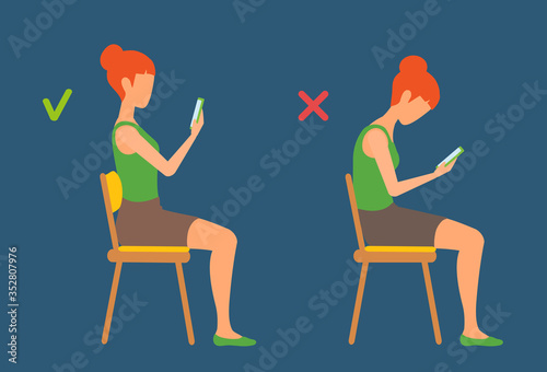 A girl sits on a chair bent and straightened, reading the smartphone. Correct and incorrect sitting position. Slouching back. A posture before and after, changing. Healthy spine vector illustration.