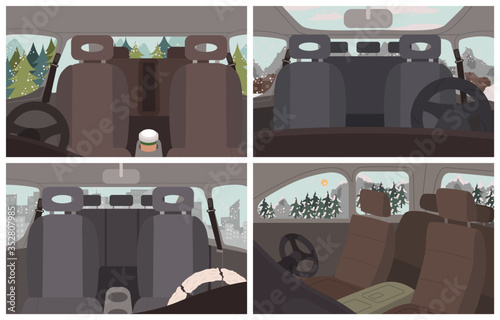 Black cars interiors, vehicles inside views. Empty automobile salon. Car cabin elements like seat for passengers, steering wheel. Trips and journey by auto. Winter landscapes and scenery vector