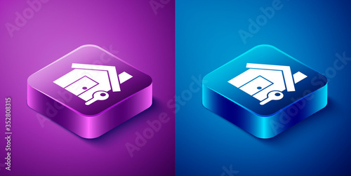Isometric House with key icon isolated on blue and purple background. The concept of the house turnkey. Square button. Vector Illustration