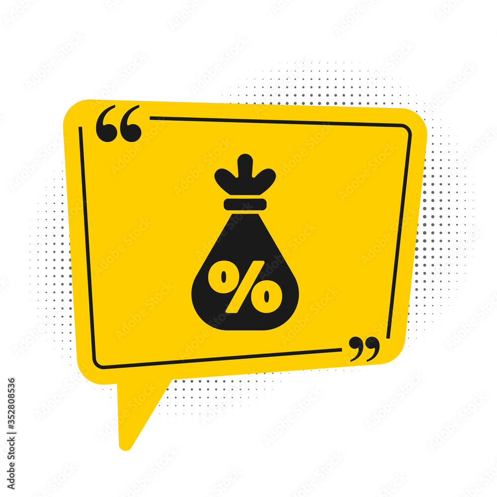 Black Money bag with percent icon isolated on white background. Cash Banking currency sign. Yellow speech bubble symbol. Vector Illustration