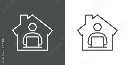 Símbolo teletrabajo. Icono plano lineal trabajador en casa en fondo gris y fondo blanco