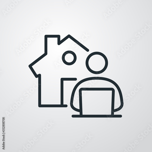 Símbolo teletrabajo. Icono plano lineal trabajador en casa en fondo gris