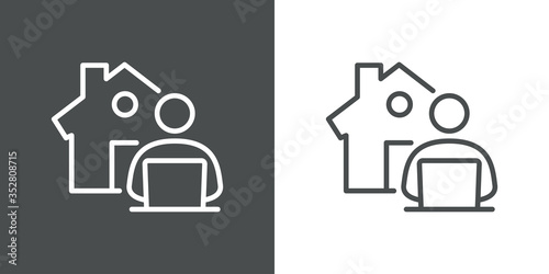 Símbolo teletrabajo. Icono plano lineal trabajador en casa en fondo gris y fondo blanco