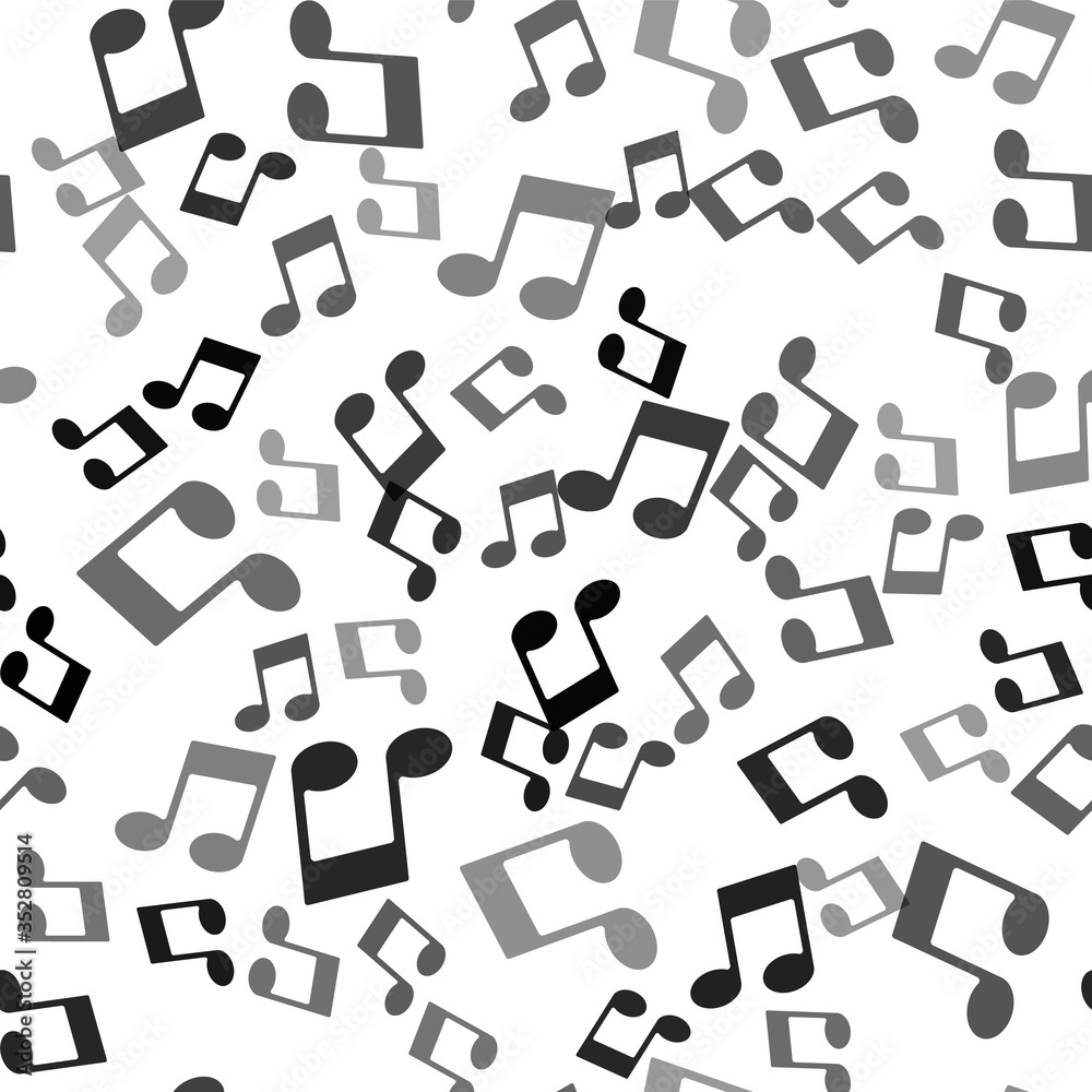 Black Music note, tone icon isolated seamless pattern on white background. Vector Illustration