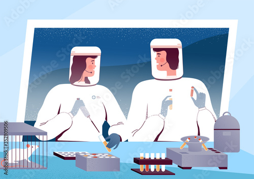 Scientists virologists create a vaccine against the coronavirus COVID-19 in the laboratory. People in protective suits and masks make a cure for the disease.