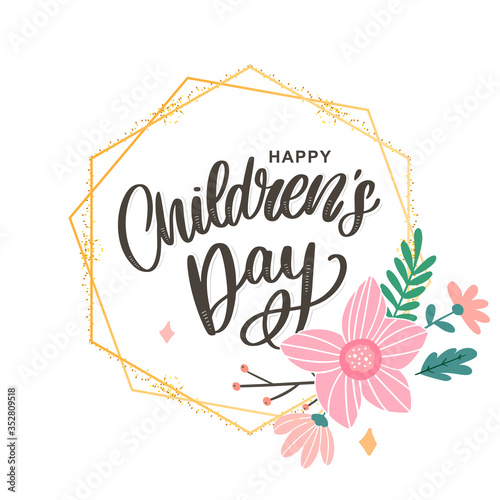 happy children s day  cute vector greeting card with funny letters in scandinavian style and cartoon landscape