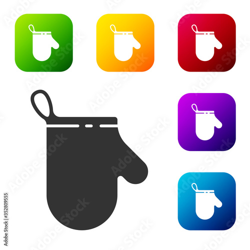 Black Oven glove icon isolated on white background. Kitchen potholder sign. Cooking glove. Set icons in color square buttons. Vector Illustration