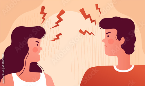 Man and woman quarrel and swear at each other. The psychological concept of family quarrel, conflict and misunderstanding