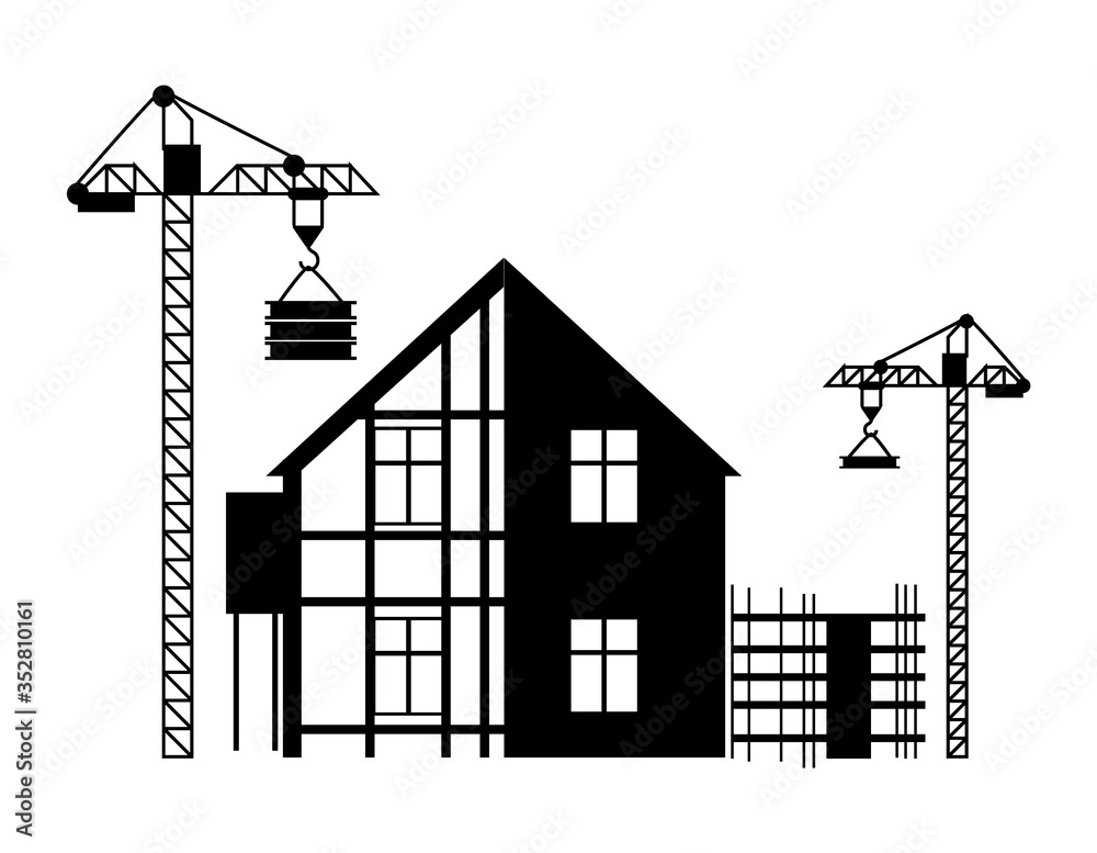 Building construction in progress vector, crane made of metal details monochrome estates and equipments. Machinery and helping tools flat style isolated Building construction in progress vector, crane made of metal details monochrome estates and equipments. Machinery and helping tools flat style isolated