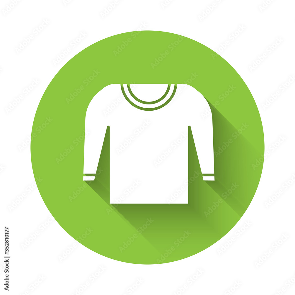 White Sweater icon isolated with long shadow. Pullover icon. Green circle button. Vector Illustration