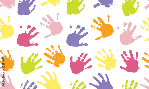 Color prints of children hands, seamless pattern. Vector illustration