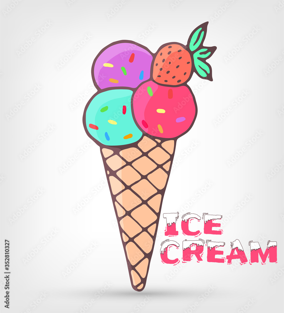 Hand drawn doodle sketch of colorful ice creams horn, waffle cone, strawberry. Summer sweet illustration isolated on a white background. Vector icon for greeting card, invitation, recipe, sticker