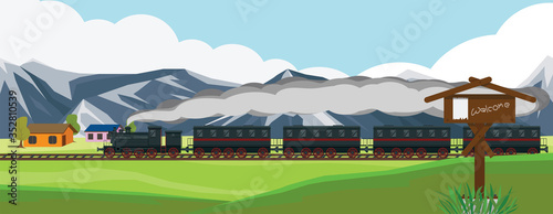 A steam train that runs on rails passing through a flat area with a home. And high mountains as a background image.