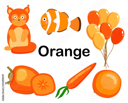 Orange color. A set of pictures for the development of the child. preschool education. The collection includes persimmons, carrots, squirrels, balls, orange clown fish. Cartoon style vector illustrati