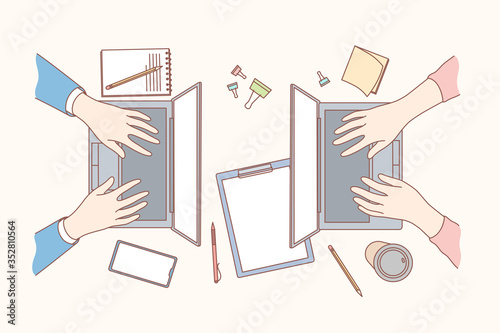 Coworking, business, freelance, coding concept. Team man and woman hands typing text article for posting content. Teamwork for website development and IT programming or updating software on laptops.