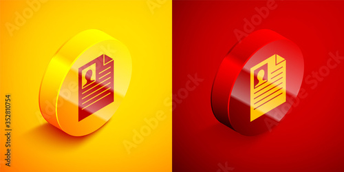 Isometric Resume icon isolated on orange and red background. CV application. Searching professional staff. Analyzing personnel resume. Circle button. Vector Illustration