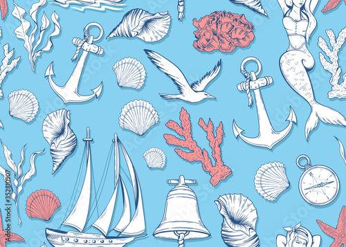 Seamless nautical pattern with ships, mermaid, coral and other marine objects
