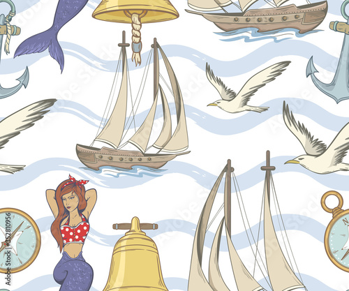 nautical seamless pattern with yachts, mermaid, anchor, compass and seagulls